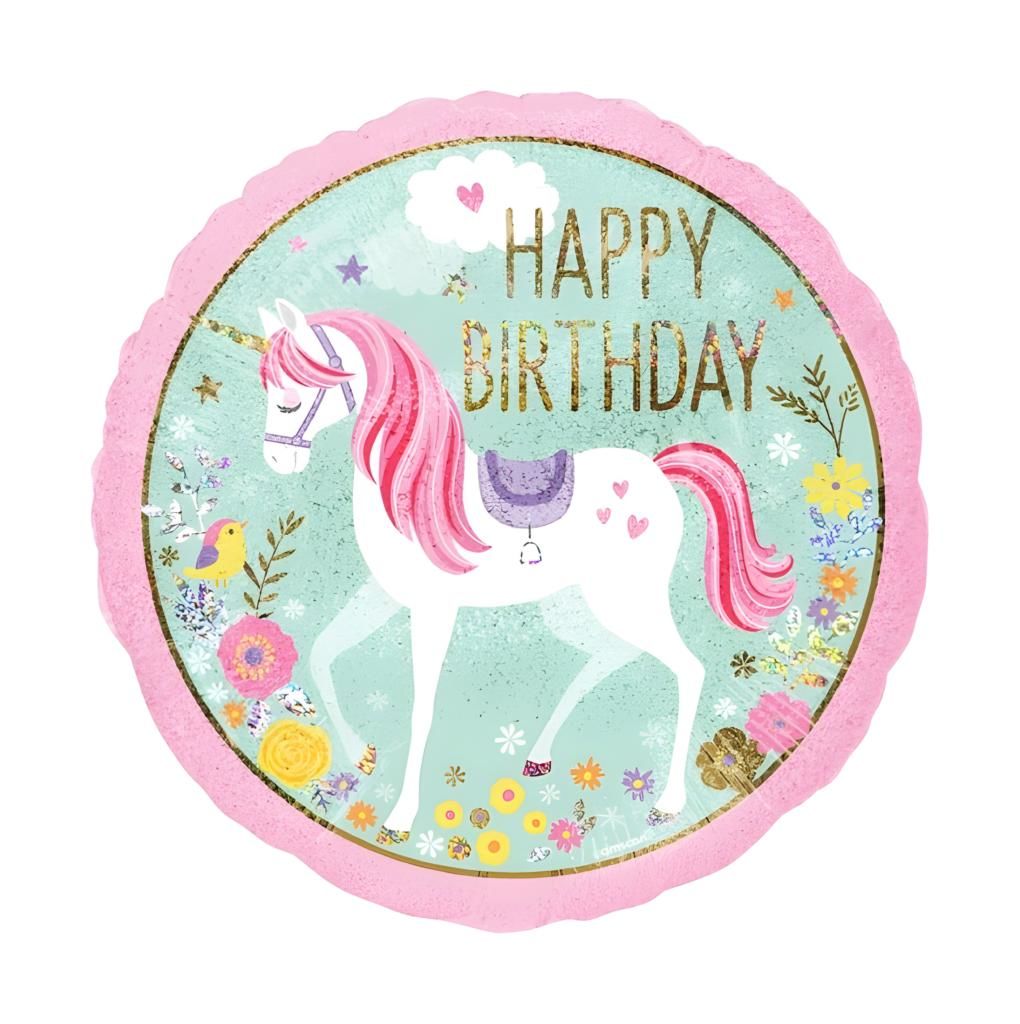 Toptan Folyo Balon Yuvarlak Happy Birthday Unicorn Model