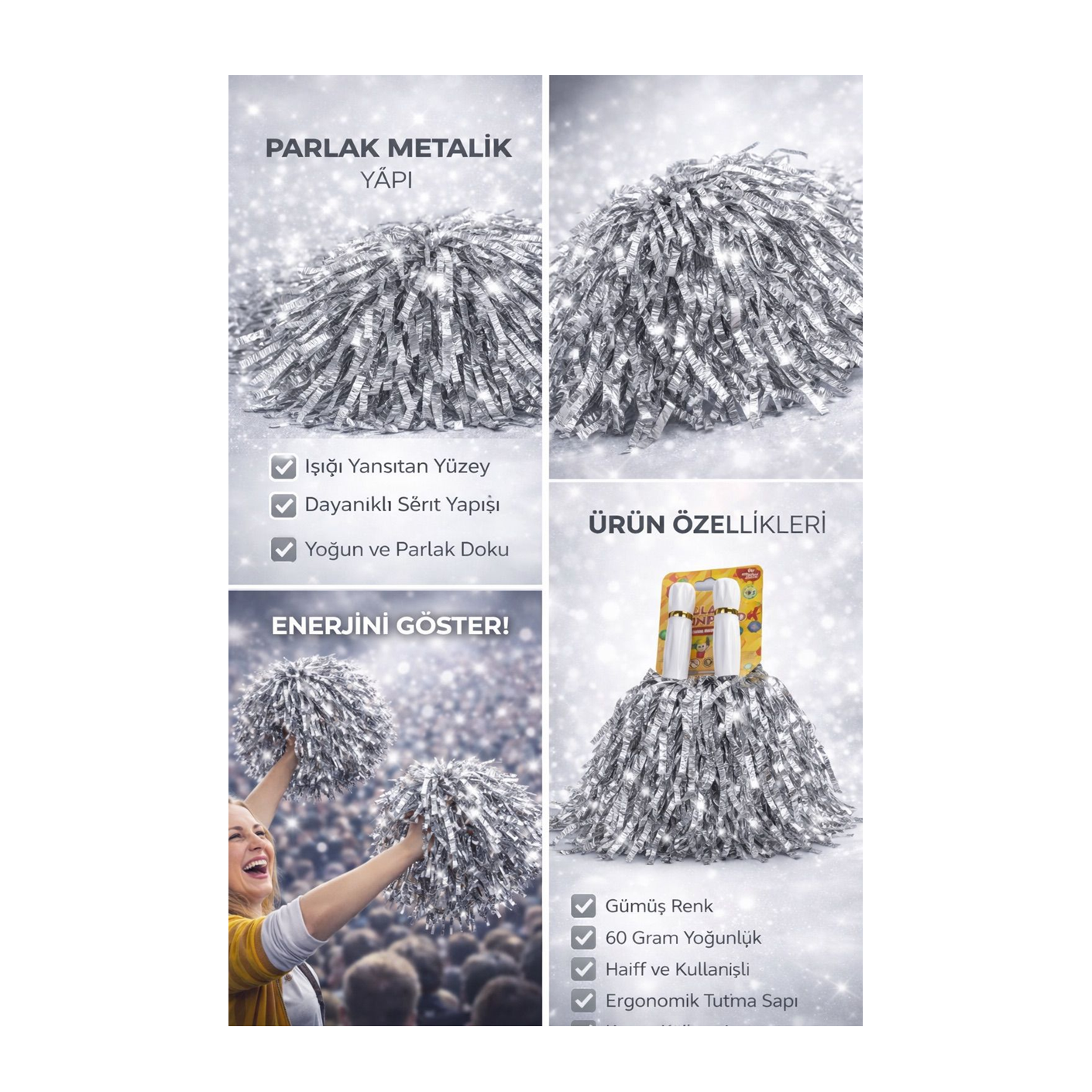 Toptan Gümüş Renk Ponpon Dolgun Model