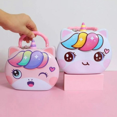 Toptan Çantalı Kilitli Teneke Kumbara Unicorn Model