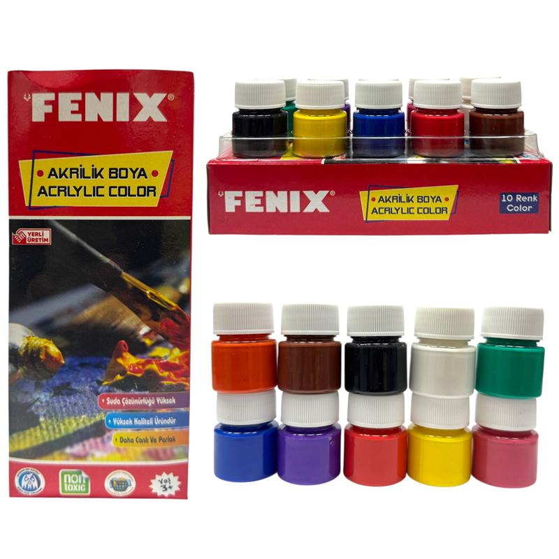 Toptan Fenix 10 Renk Karışık 15ml Şişe Akrilik Boya