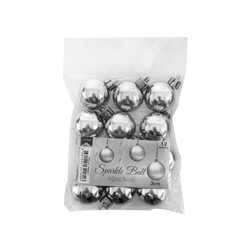Toptan 3cm Ağaç Süsleme Topları 12'li Gümüş