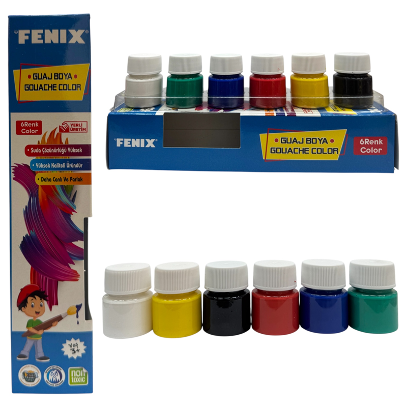 Toptan Fenix 6 Renk Karışık 15 ml Şişe Guaj Boya