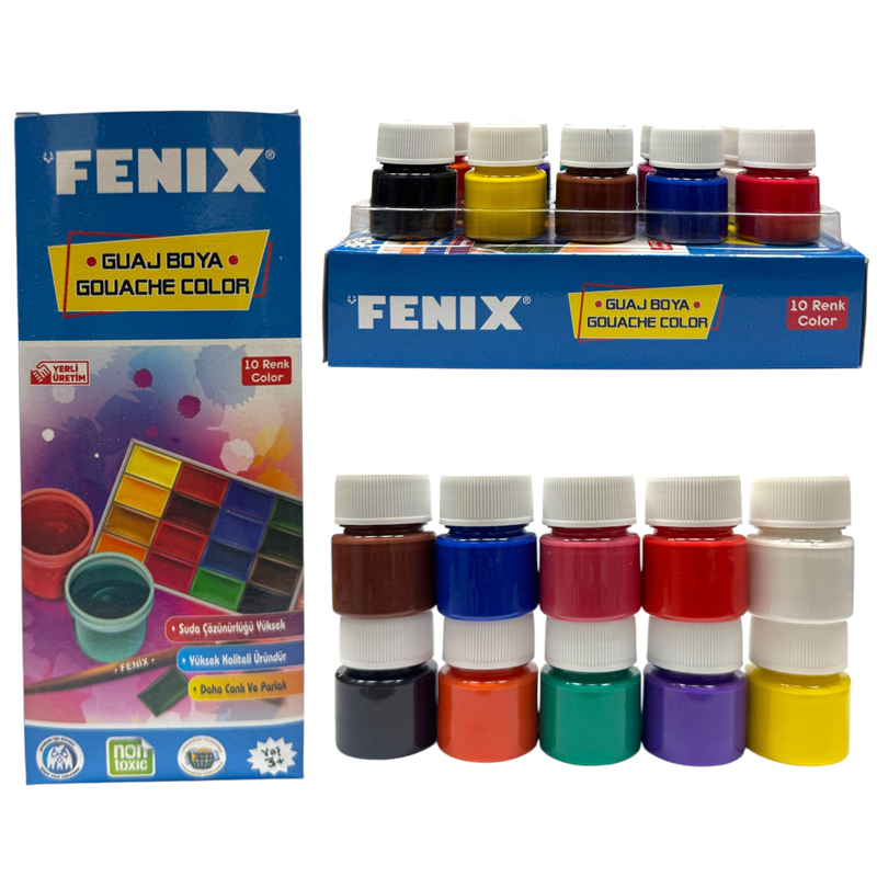 Toptan Fenix 10 Renk Karışık 15 ml Şişe Guaj Boya