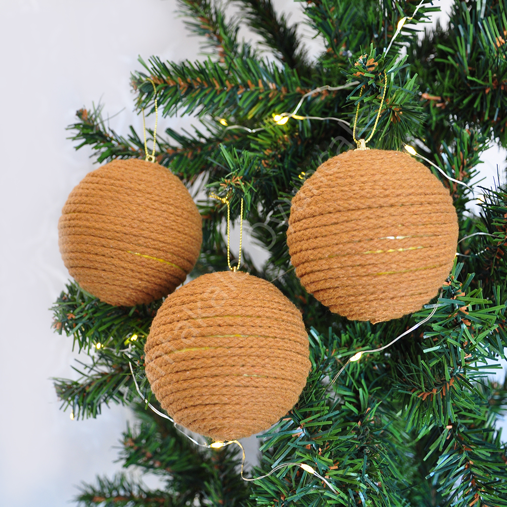 Toptan Yılbaşı Lüks Ağaç Süsleme Topları 3lü 8cm Kahverengi Örgü