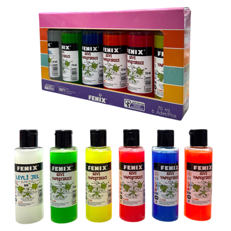 Toptan 6'lı Fenix Renkli Karışık 70ml Sıvı Slime Yapıştırıcı