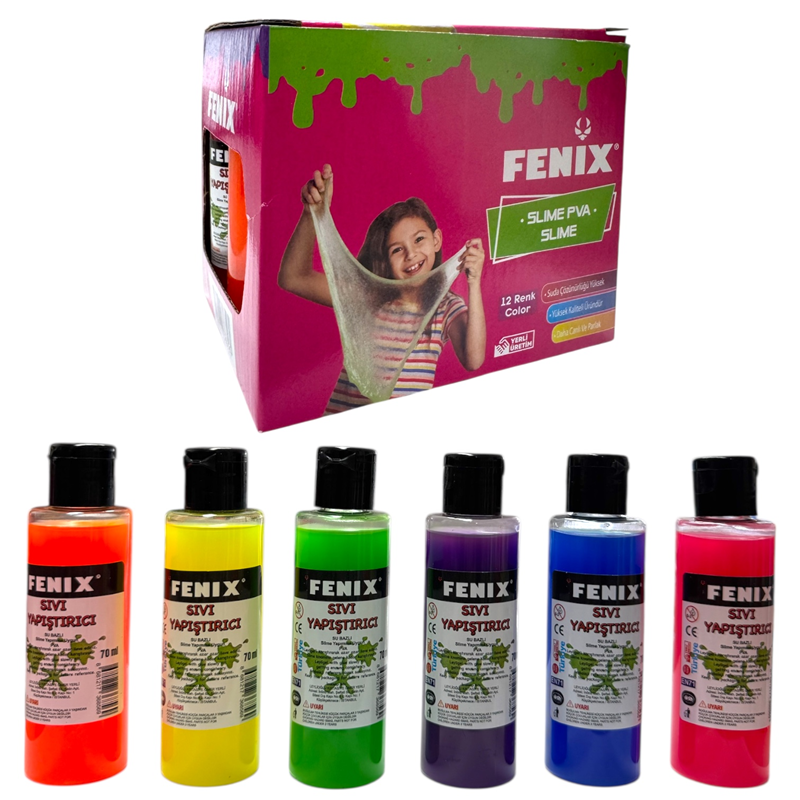 Toptan 6'lı Fenix Leyli 70ml Karışık Renk Sıvı Yapıştırıcı Slime Jeli 12'li