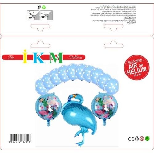 Toptan Folyo Balon Flamingo Mavi Lateksli Set