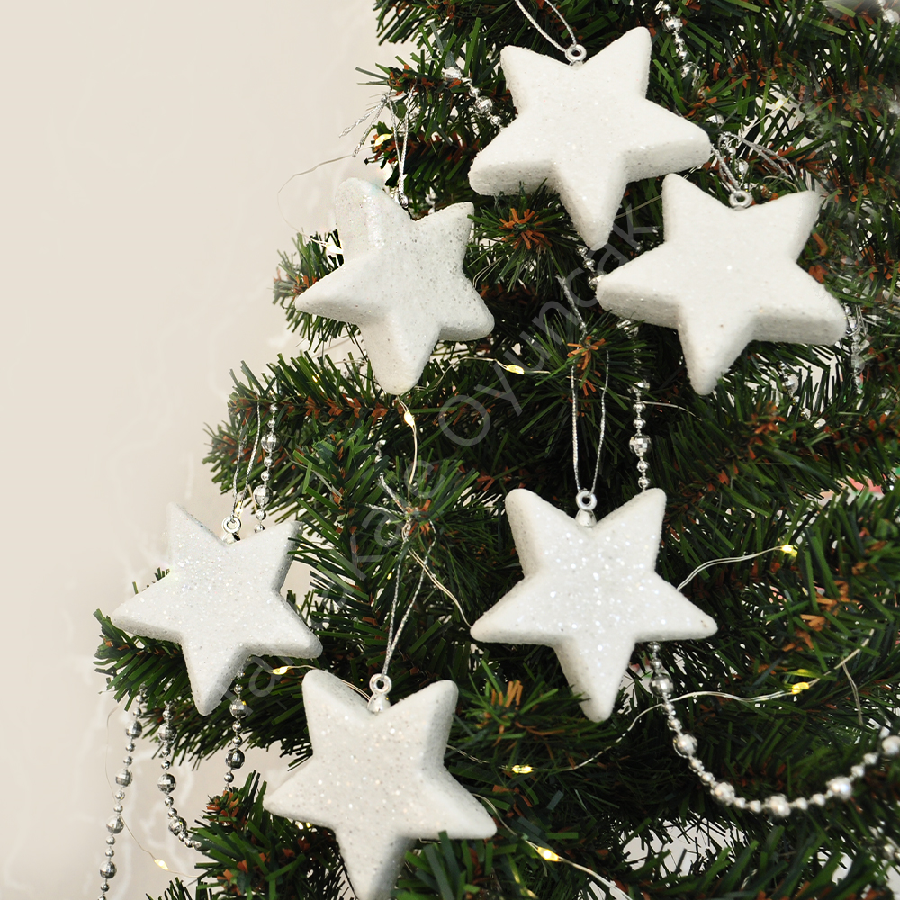 Toptan Yılbaşı Ağaç Süsü Simli Beyaz Yıldız 6lı
