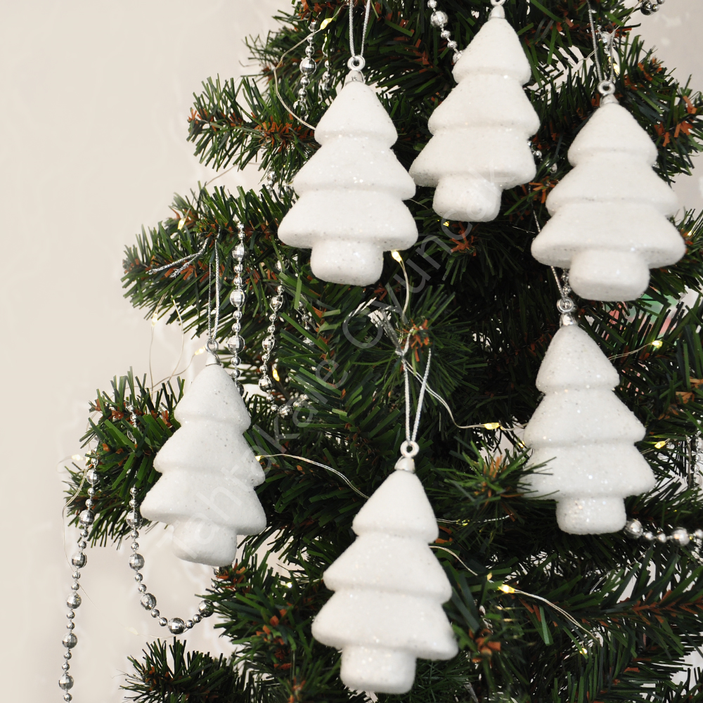 Toptan Yılbaşı Ağaç Süsü Simli Beyaz Çam 6lı