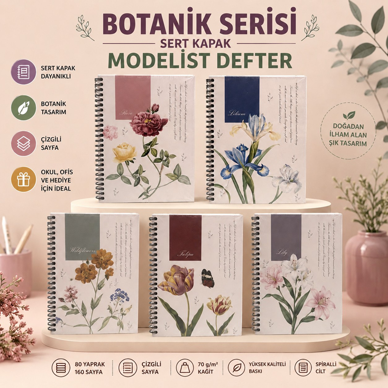 Toptan Botanik Serisi Sert Kapak Defter 16*22 Cm 80 Yaprak Çizgili