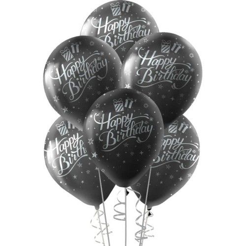 Toptan Gümüş Happy Birthday Baskılı Siyah Lateks Balon