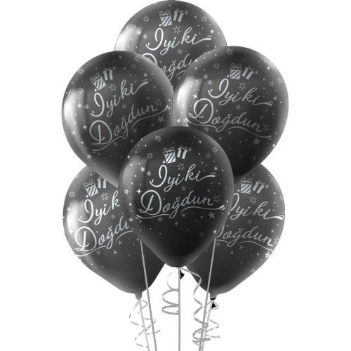 Toptan Gümüş İyiki Doğdun Baskılı Siyah Lateks Balon