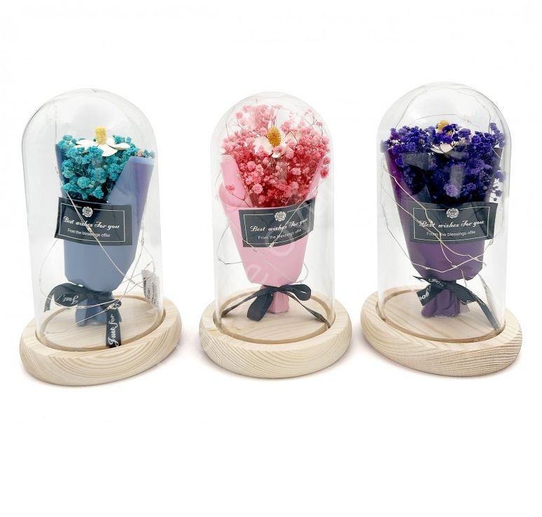 Toptan Çiçekli Işıklı Cam Fanus M-6