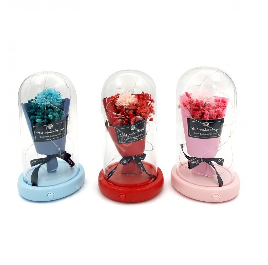 Toptan Çiçekli Işıklı Cam Fanus M-1