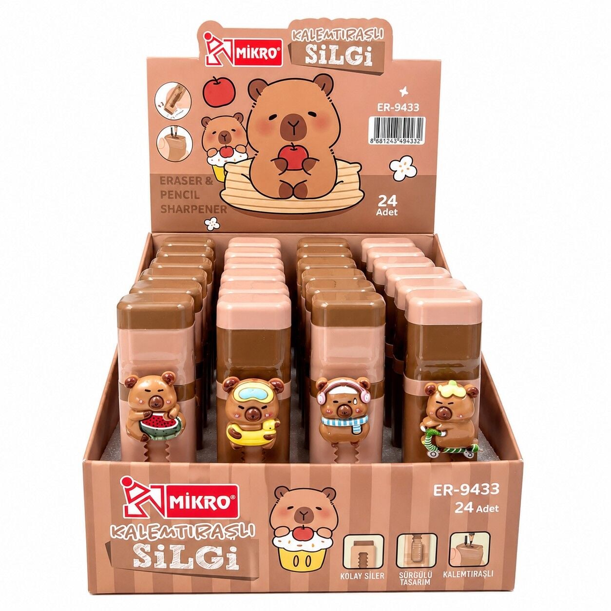 Toptan Mikro Er-9433 Capy Bara Kalemtıraşlı Sürgülü Silgi
