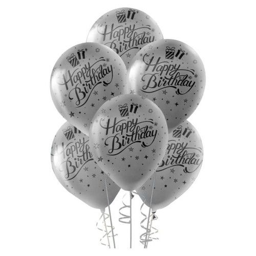 Toptan Siyah Happy Birthday Baskılı Metalik Gümüş Balon