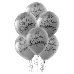 Toptan Siyah İyiki Doğdun Baskılı Metalik Gümüş Balon